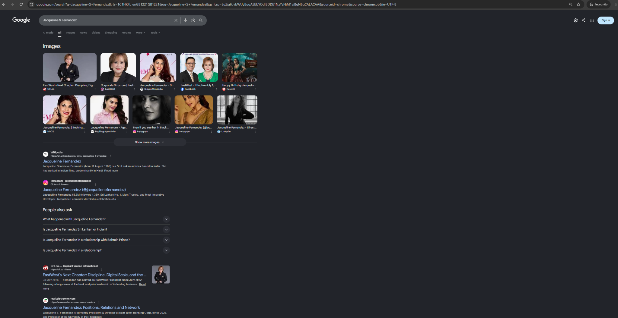 Google search results for the name of the EastWest president, dominated by images and pages relating to an actress of the same name, with the CFI.co executive feature appearing as a first-page organic result and first image result.