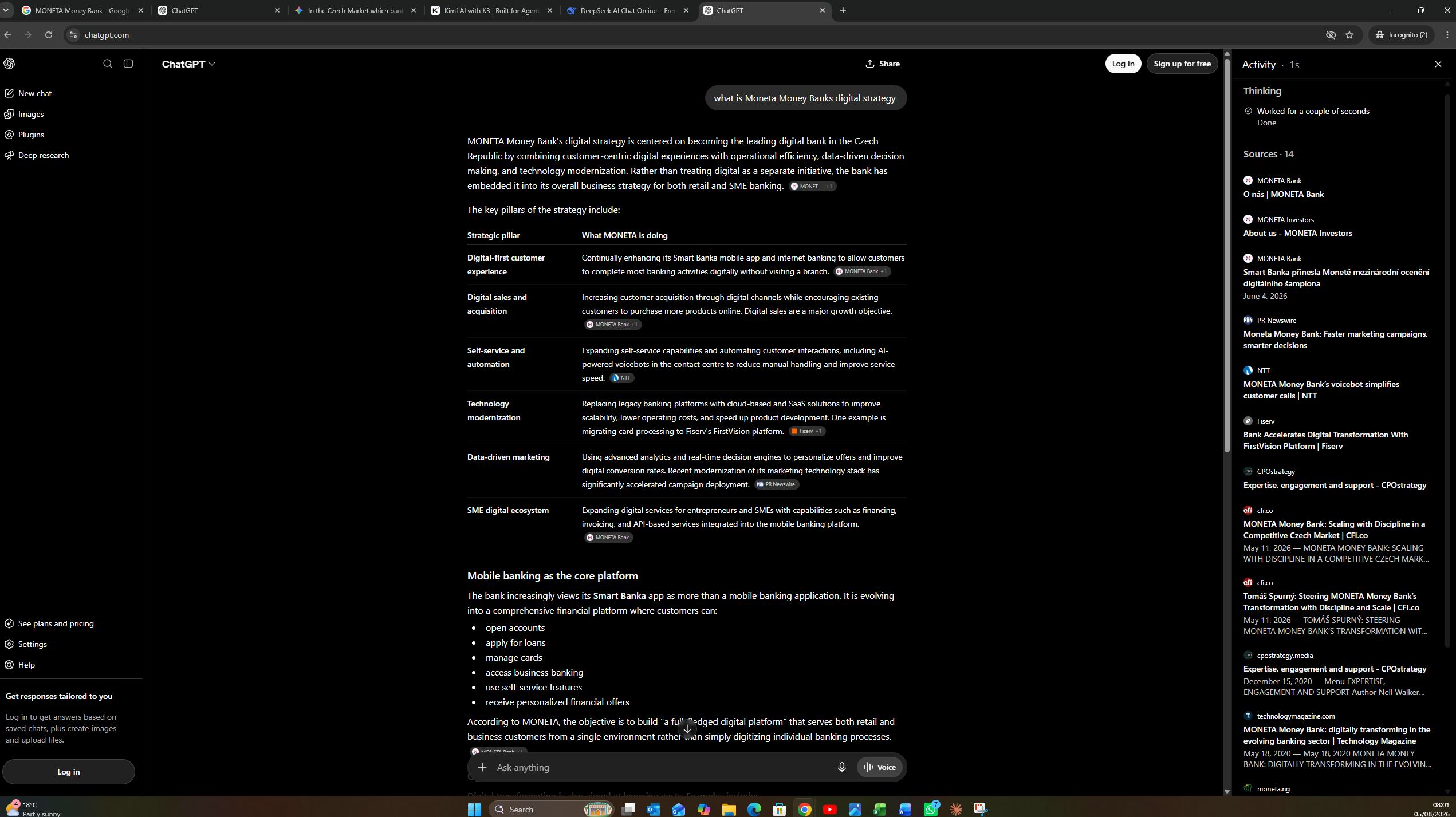 ChatGPT answer with the Activity panel open, listing fourteen sources of which two are cfi.co.