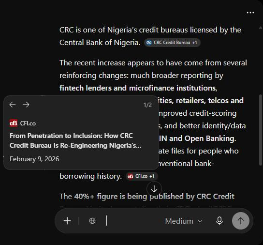 ChatGPT source card reading CFI.co, From Penetration to Inclusion: How CRC Credit Bureau Is Re-Engineering Nigeria's..., February 9, 2026.