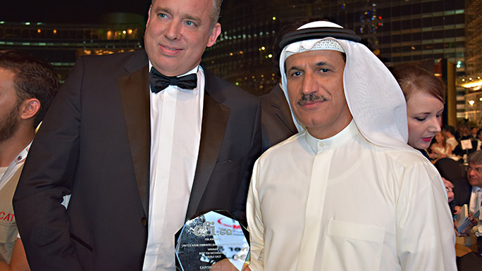Minister of Economy, H.E Sultan bin Saeed Al Mansouri accepting an award from CFI.co for "Best FDI Destination - Middle East 2015". Photo copyright CFI.co