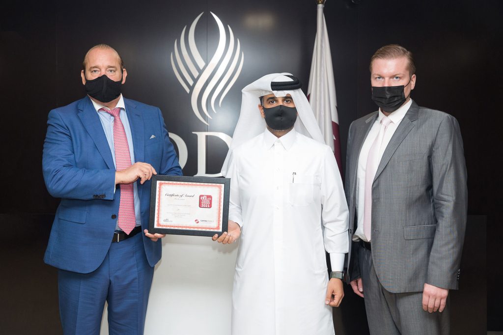 Mr Abdulaziz bin Nasser Al-Khalifa, CEO of Qatar Development Bank (QDB) receiving an award from CFI.co's Chariman Tor Svensson and Director Marten Mark