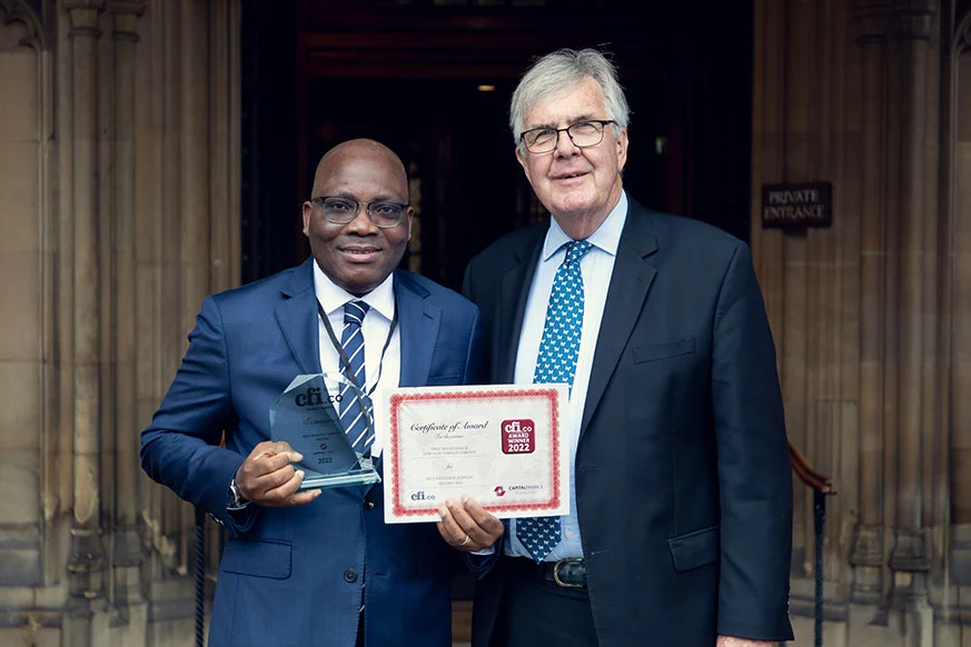 Award presentation by CFI.co's Chairman Lord Waverley (JD) to Managing Director/CEO of First Registrars, Dr Bayo Olugbemi at the House of Lords, London