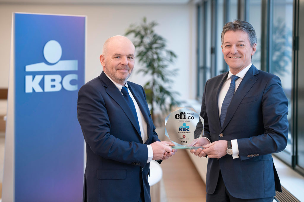 Johan Thijs, CEO of KBC Group (right) receiving an award from CFI.co for Best European Bank 2024