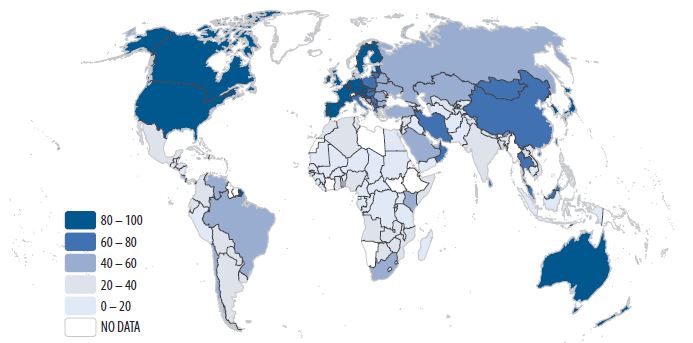 Map 1: Adults with an Account at a Formal Financial Institution. Source: Global Financial Inclusion Database, World Bank. 
