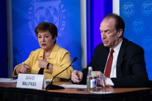 IMF MD Kristalina Georgieva (left) speaks at a press briefing with World Bank president David Malpass on Covid-19 in Washington, DC, the US, March 4 2020. Picture: AFP/NICHOLAS KAMM