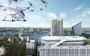 Volocopter VoloPort atop urban building with VoloCity and VoloConnect