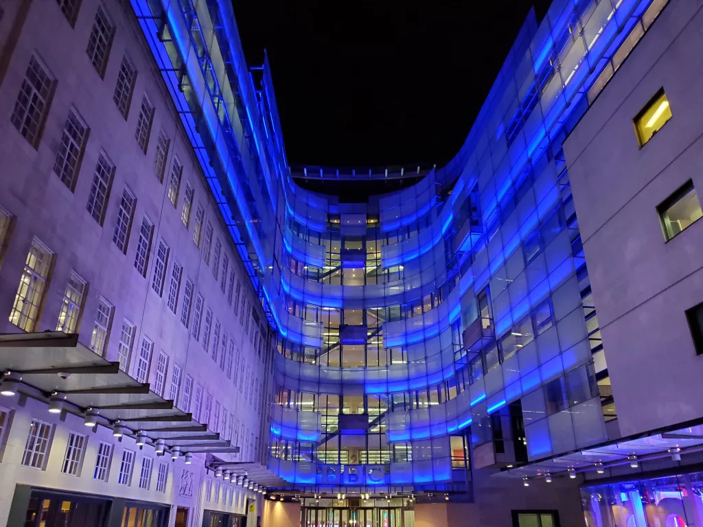 The main entrance to Broadcasting House in 2019