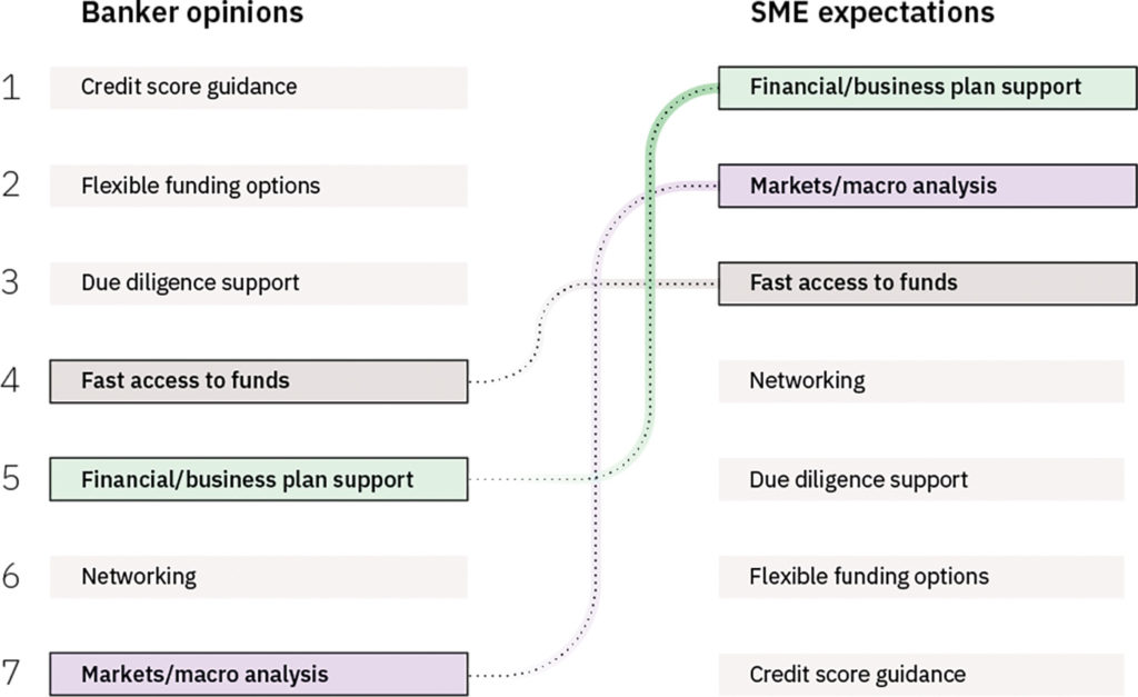 Figure 2: Bankers look inward, underestimating the SME need for fast money and expert advice to grow their businesses.