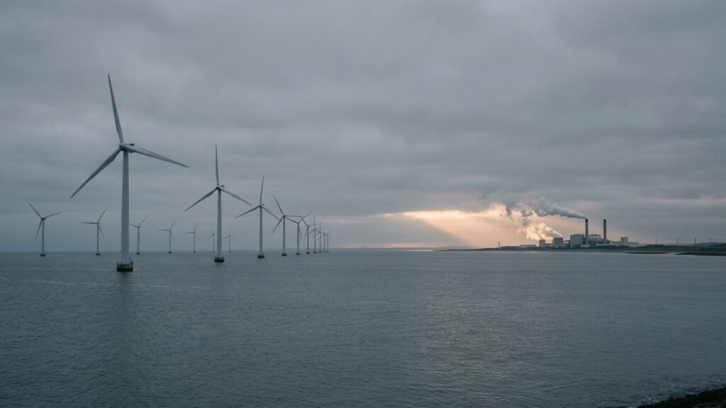 Offshore wind turbines in grey water with a gas-fired power station on the far shore